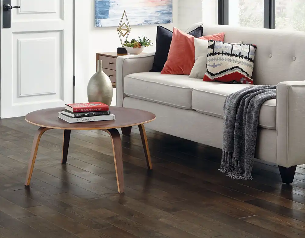 Living sofa on Solid Wexford White Oak hardwood flooring