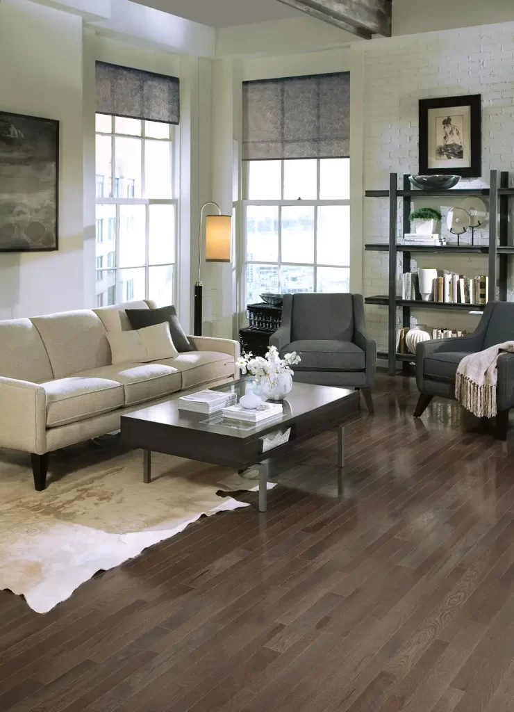 Living room on charcoal hardwood flooring